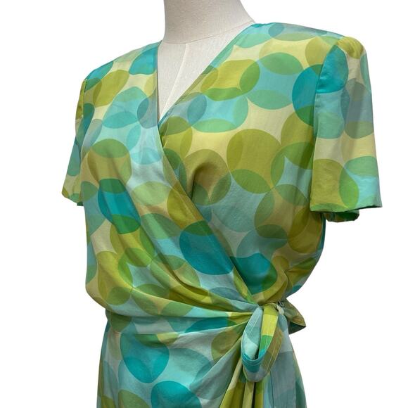 Vintage 90s Maggy London 100% Silk Green & Blue Polka Dot Wrap Dress size 10 - Picture 3 of 10